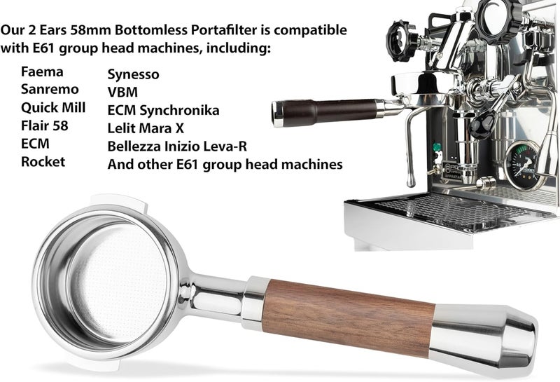 LLQ 58mm Bottomless Naked 2 Ears Portafilter Compatible with E61 Grouphead Machines– Includes 18–20g Basket (Aluminum Flat, 58mm For E61) - Image 4
